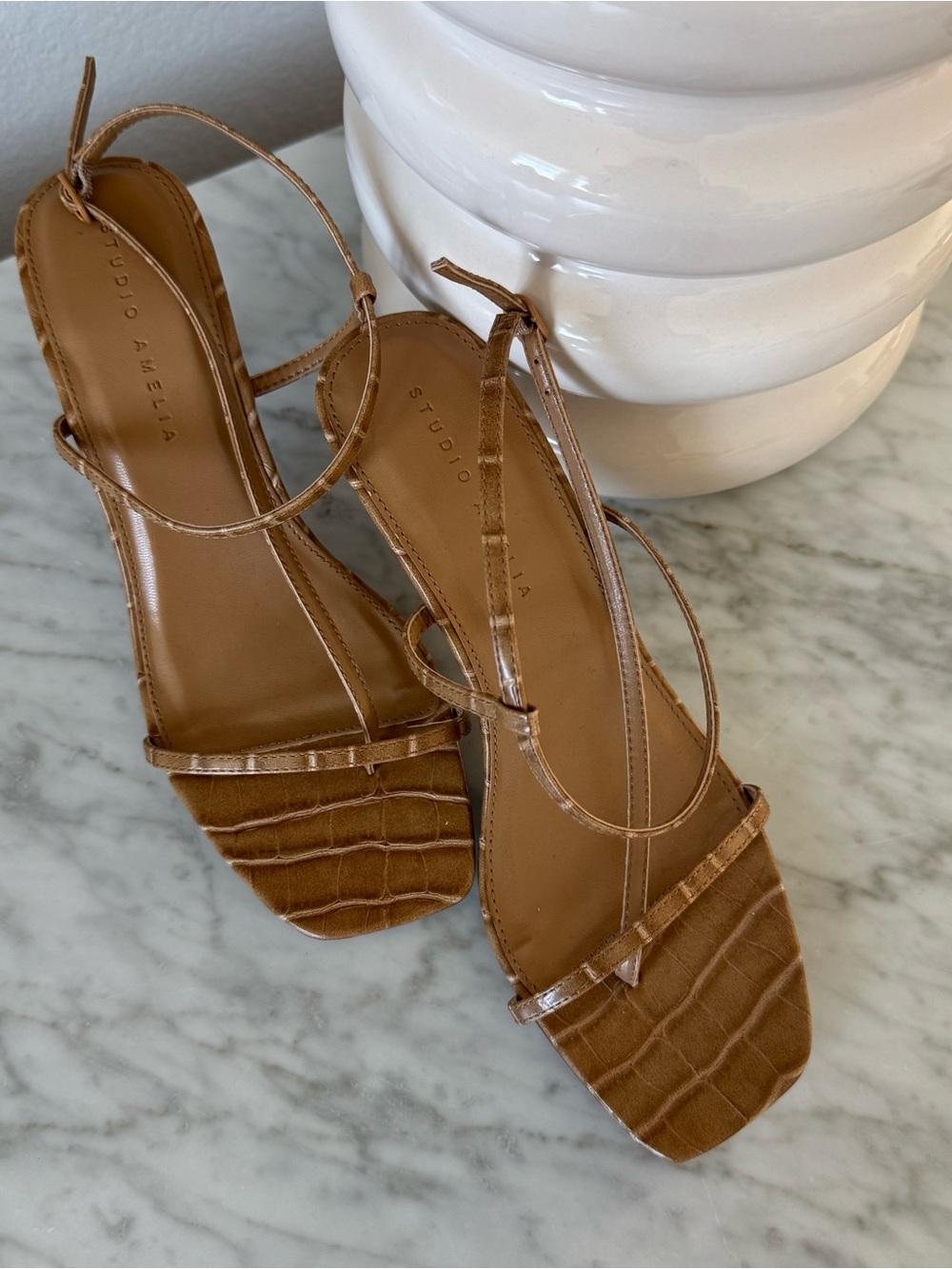 STUDIO AMELIA Tan Croc-Embossed Strappy Ankle-Tie Sandals
